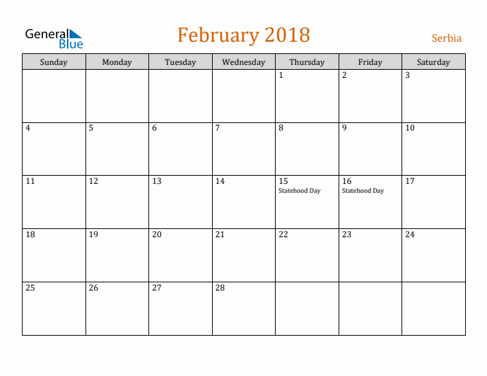 February 2018 Holiday Calendar with Sunday Start