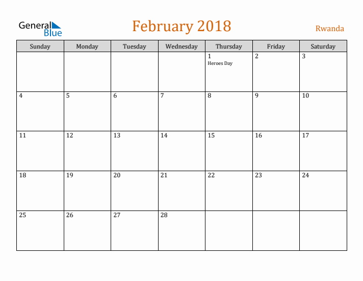 February 2018 Holiday Calendar with Sunday Start