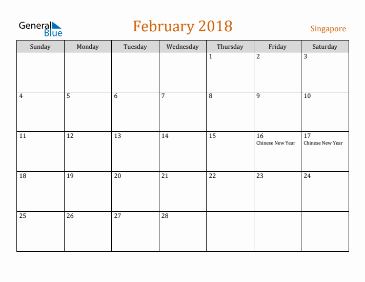 February 2018 Holiday Calendar with Sunday Start