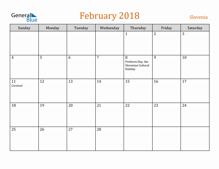 February 2018 Holiday Calendar with Sunday Start