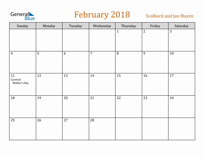 February 2018 Holiday Calendar with Sunday Start