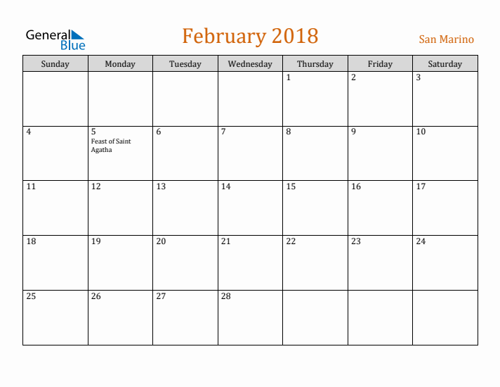 February 2018 Holiday Calendar with Sunday Start