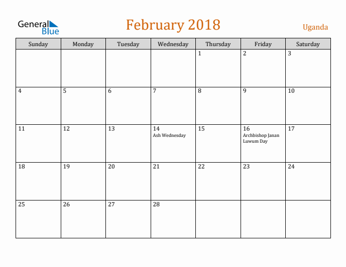 February 2018 Holiday Calendar with Sunday Start