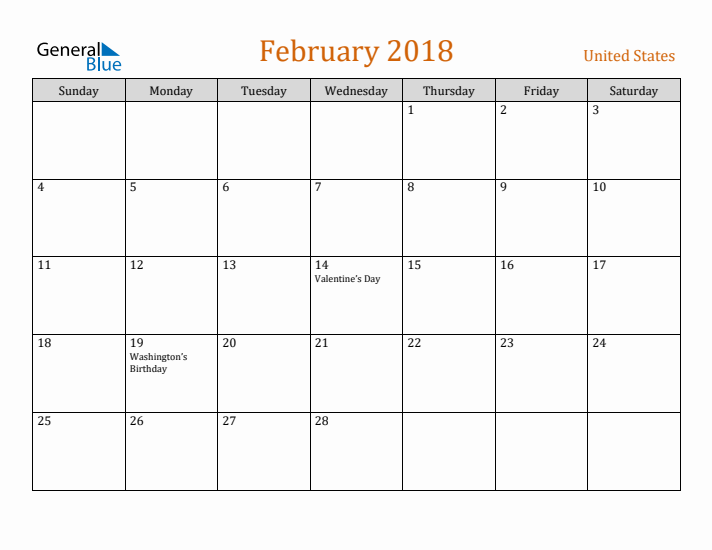 February 2018 Holiday Calendar with Sunday Start