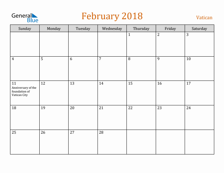 February 2018 Holiday Calendar with Sunday Start