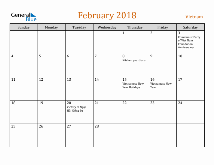 February 2018 Holiday Calendar with Sunday Start