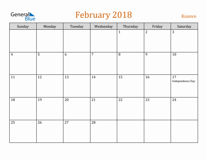 February 2018 Holiday Calendar with Sunday Start