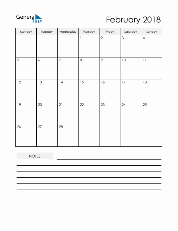 Printable Calendar with Notes - February 2018 