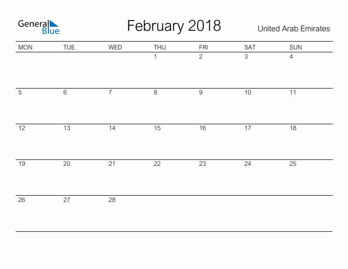 Printable February 2018 Calendar for United Arab Emirates