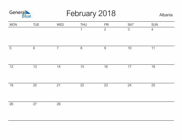 Printable February 2018 Calendar for Albania