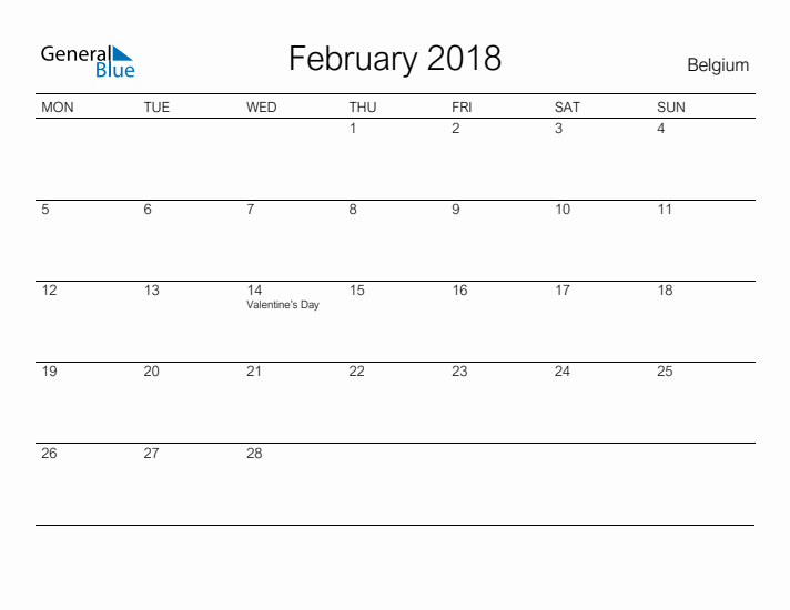 Printable February 2018 Calendar for Belgium