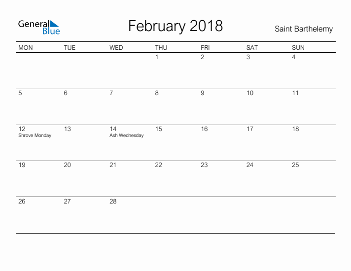 Printable February 2018 Calendar for Saint Barthelemy