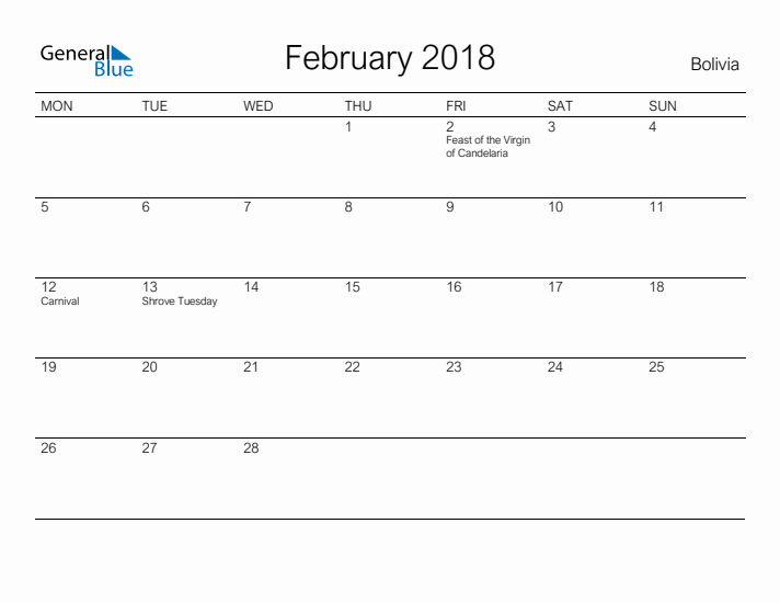 Printable February 2018 Calendar for Bolivia