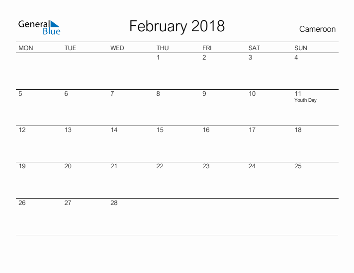 Printable February 2018 Calendar for Cameroon