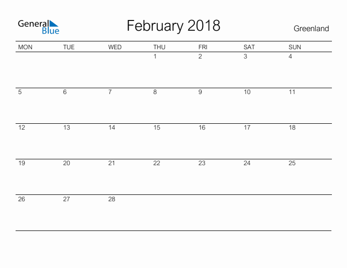 Printable February 2018 Calendar for Greenland