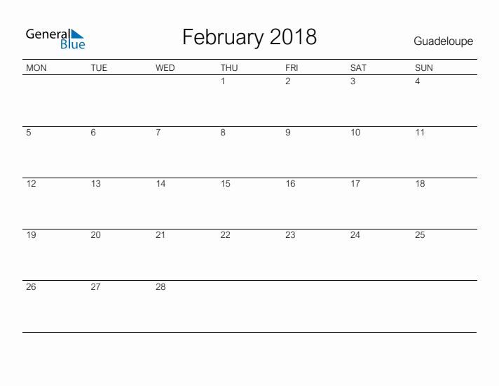 Printable February 2018 Calendar for Guadeloupe