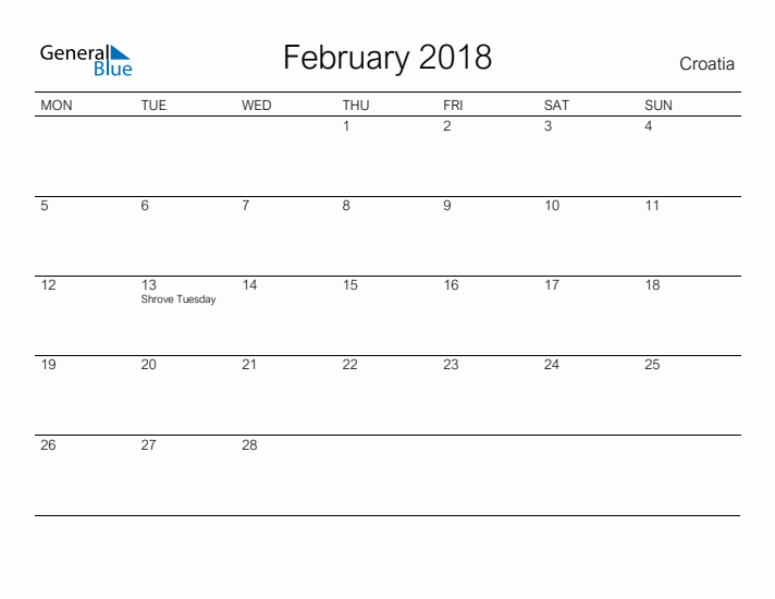 Printable February 2018 Calendar for Croatia