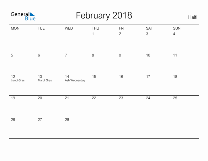 Printable February 2018 Calendar for Haiti