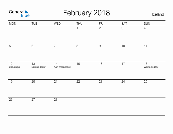 Printable February 2018 Calendar for Iceland