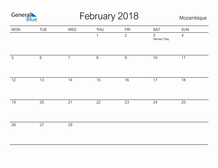 Printable February 2018 Calendar for Mozambique