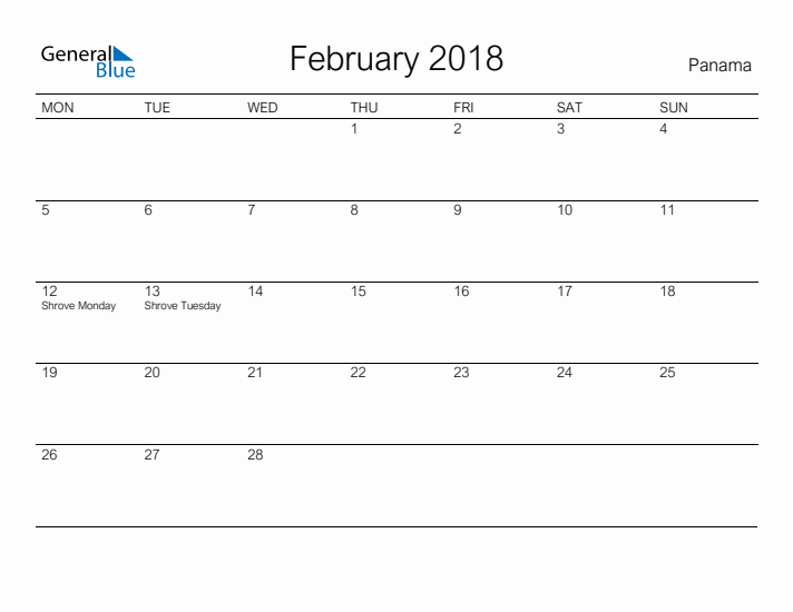 Printable February 2018 Calendar for Panama