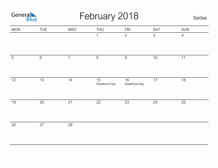 Printable February 2018 Calendar for Serbia