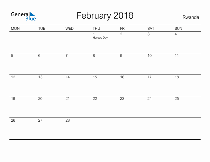 Printable February 2018 Calendar for Rwanda