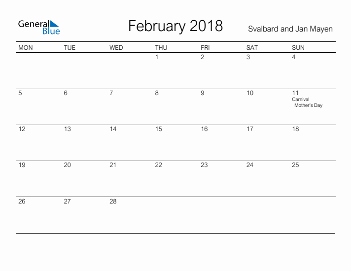 Printable February 2018 Calendar for Svalbard and Jan Mayen