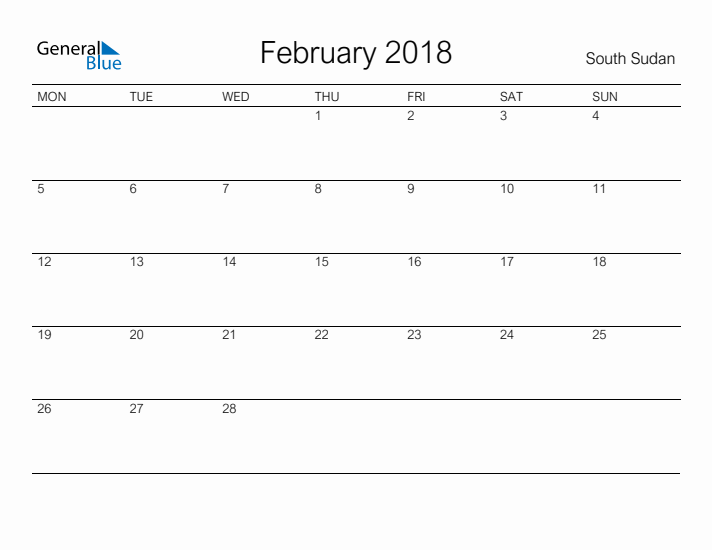 Printable February 2018 Calendar for South Sudan