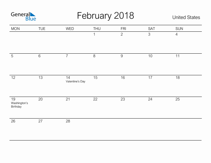 Printable February 2018 Calendar for United States