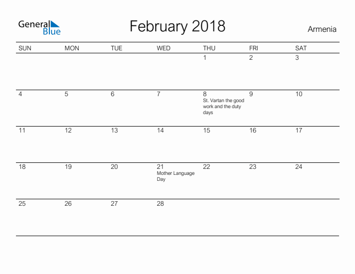 Printable February 2018 Calendar for Armenia