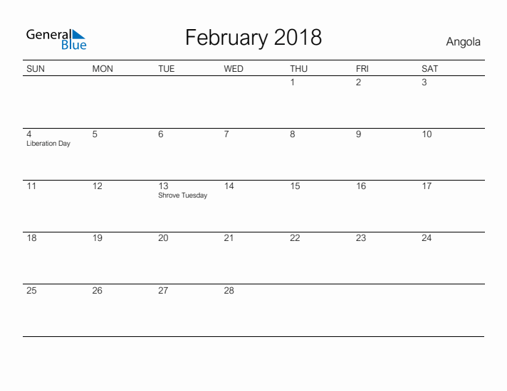 Printable February 2018 Calendar for Angola