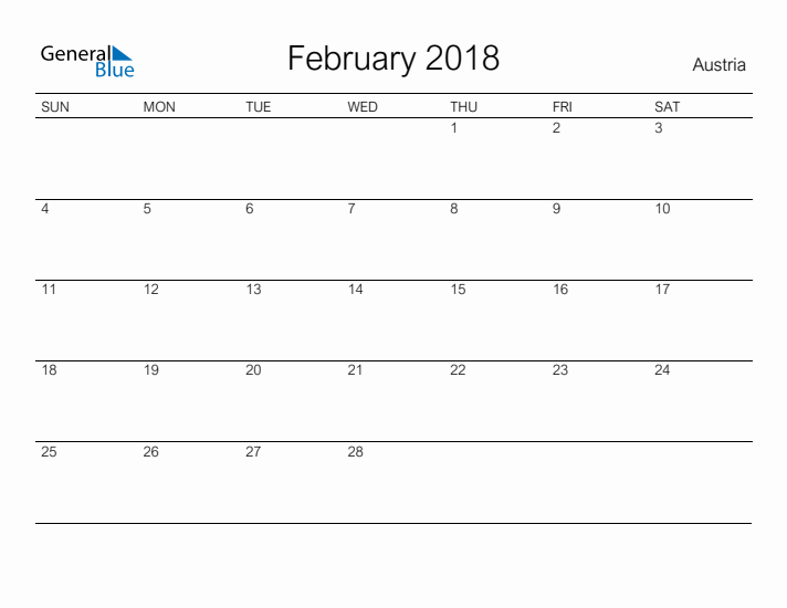 Printable February 2018 Calendar for Austria