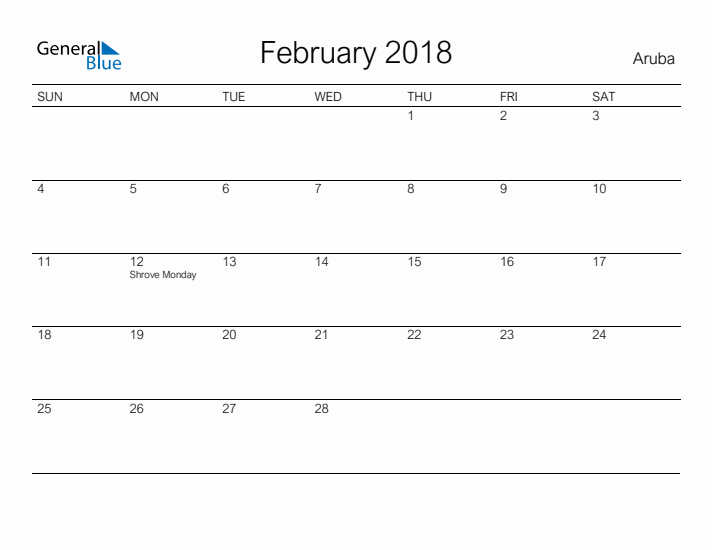 Printable February 2018 Calendar for Aruba