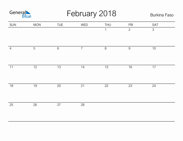 Printable February 2018 Calendar for Burkina Faso