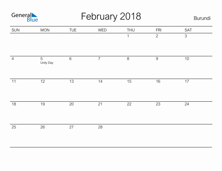 Printable February 2018 Calendar for Burundi