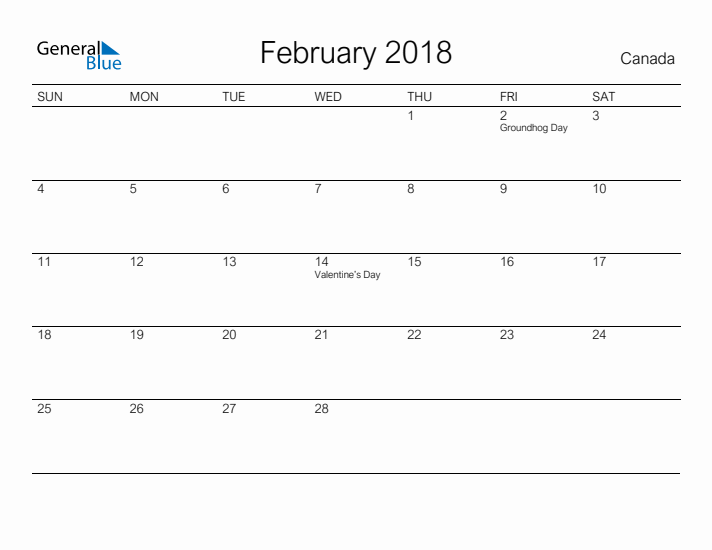 Printable February 2018 Calendar for Canada