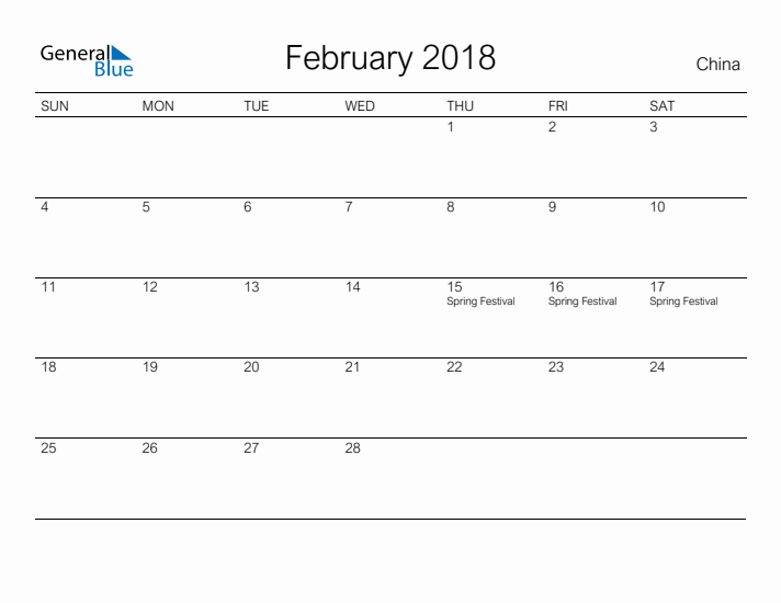 Printable February 2018 Calendar for China