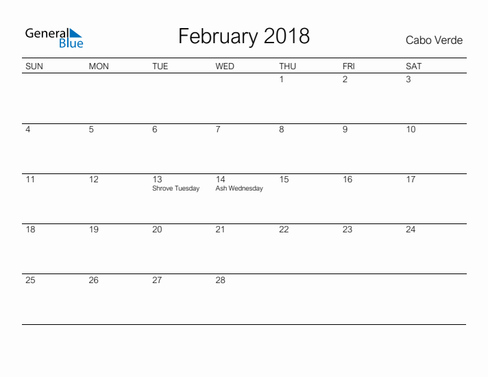 Printable February 2018 Calendar for Cabo Verde