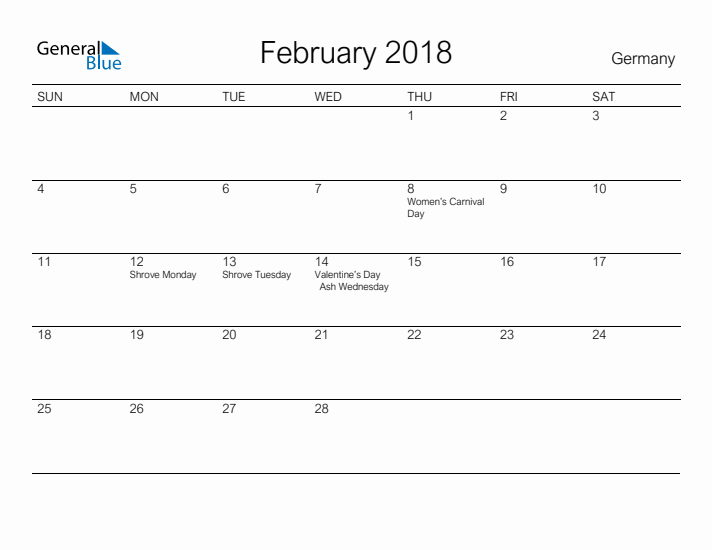 Printable February 2018 Calendar for Germany