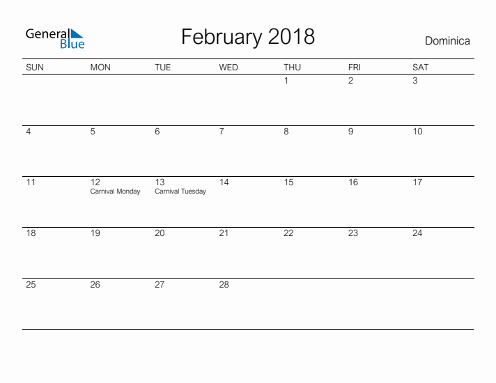 Printable February 2018 Calendar for Dominica