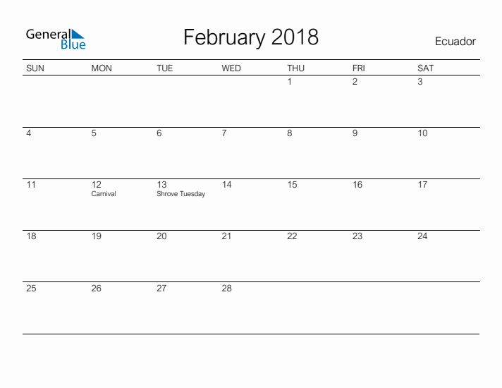 Printable February 2018 Calendar for Ecuador