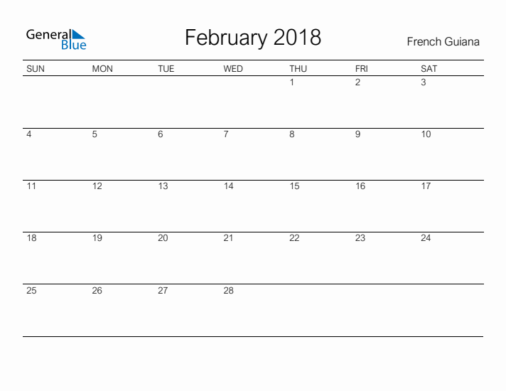 Printable February 2018 Calendar for French Guiana