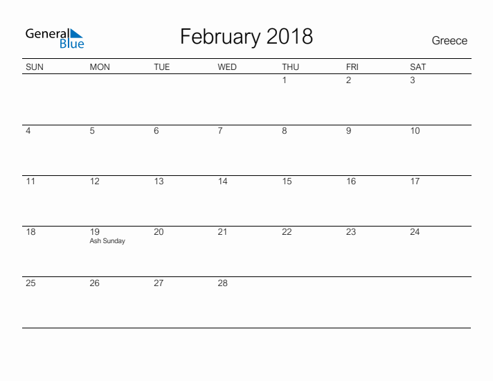 Printable February 2018 Calendar for Greece