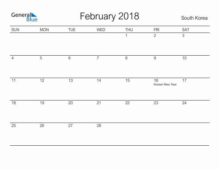 Printable February 2018 Calendar for South Korea