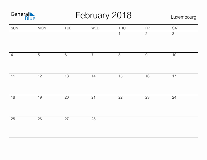 Printable February 2018 Calendar for Luxembourg