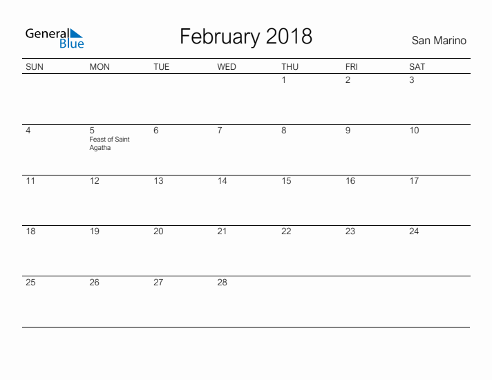 Printable February 2018 Calendar for San Marino