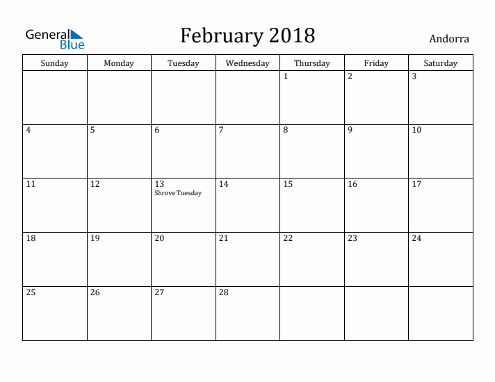 February 2018 Calendar Andorra