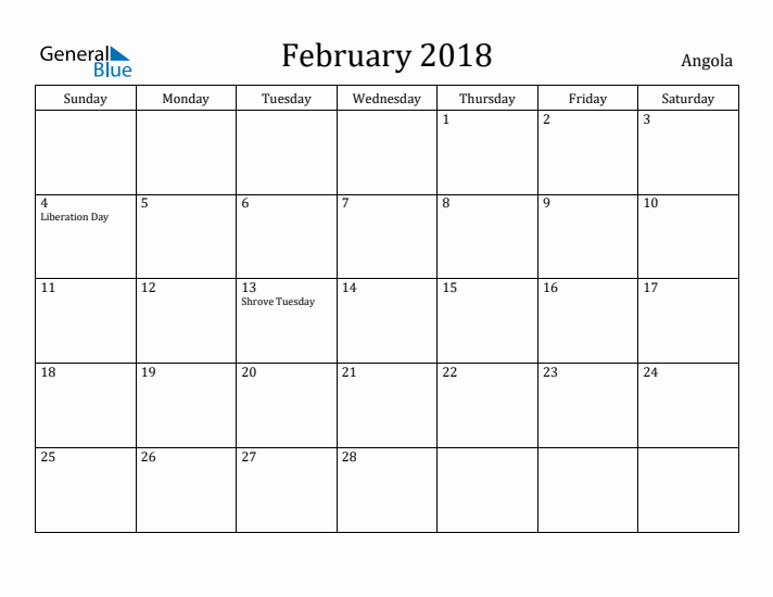 February 2018 Calendar Angola