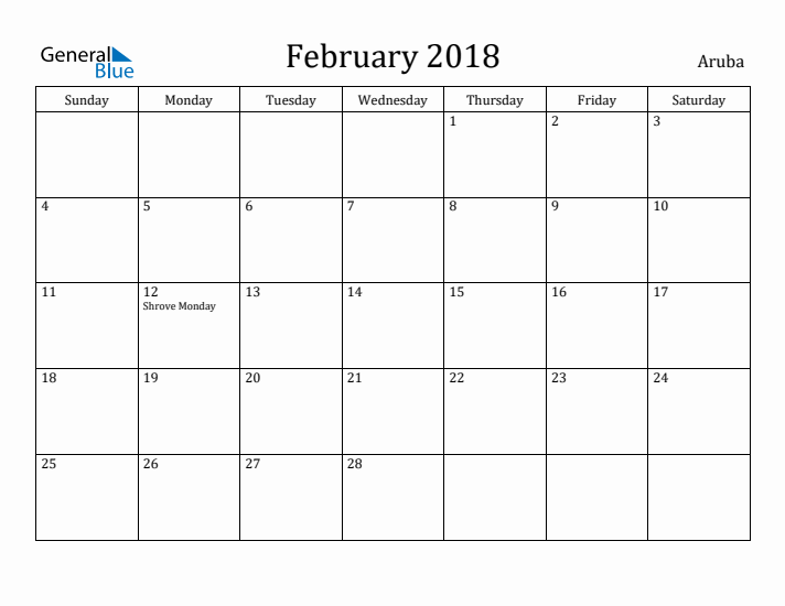 February 2018 Calendar Aruba